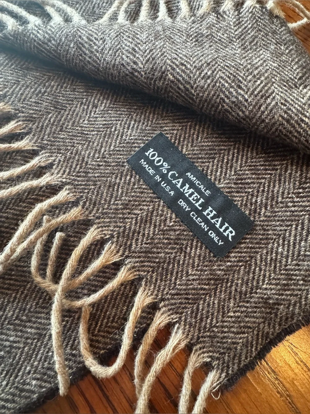 Amicale Camel Hair Scarf Herringbone Brown Men’s Unisex Dark Fringe Made In USA